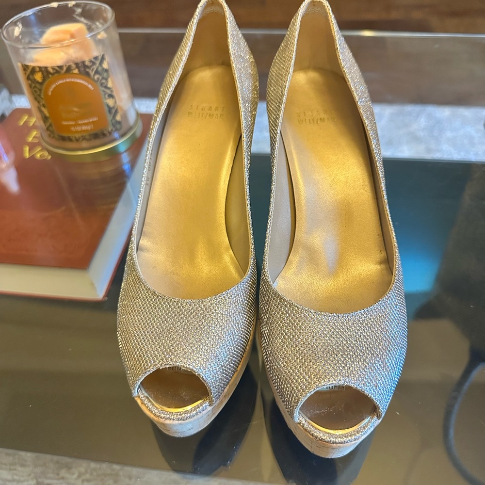 Stuart Weitzman Gold Peep-Toe Heels